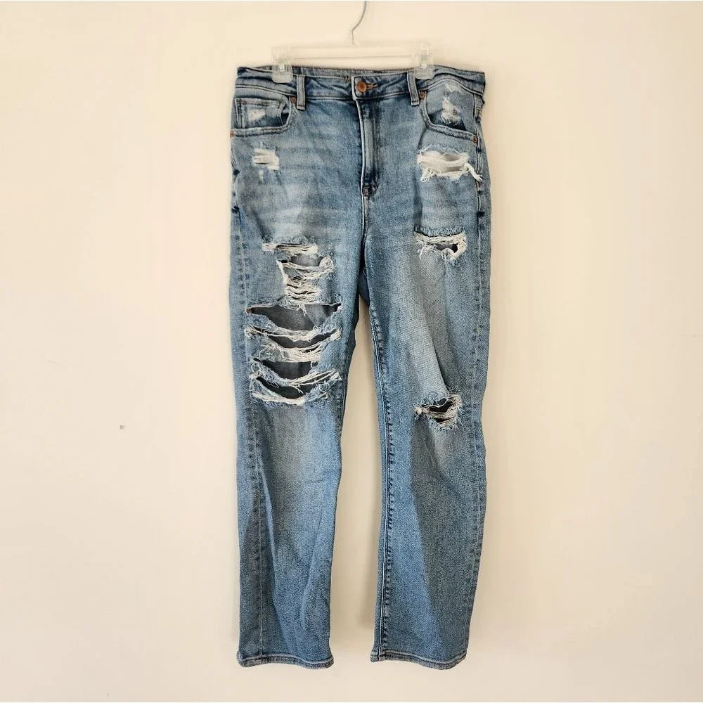 American Eagle Mom Jeans Distressed Ripped Straight Leg Jeans 8 - Picture 1 of 8